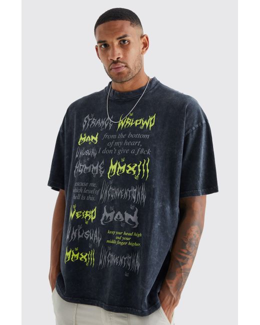 BoohooMAN Blue Tall Oversized Gothic Text Acid Wash T-shirt for men