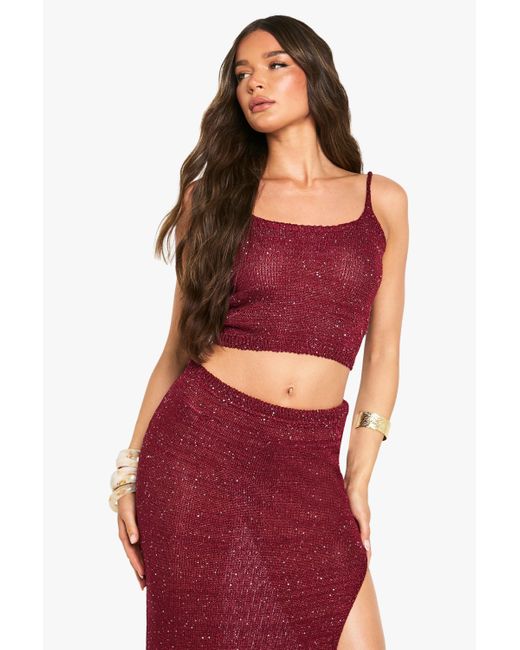 Falda Maxi De Punto Con Lentejuelas Y Falda Maxi Con Abertura Lateral Boohoo de color Red