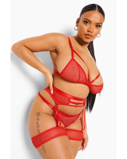 Boohoo Plus 3 Piece Strapping Lingerie Set in Red | Lyst UK