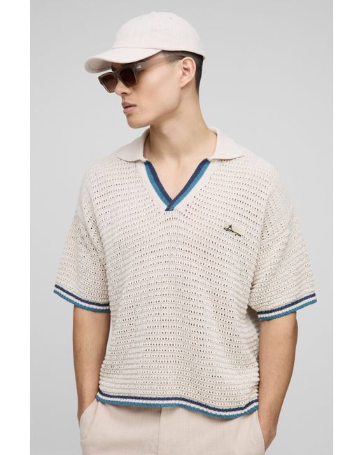 BoohooMAN White Oversized Boxy Open Stitch Stripe Trim Knitted Polo for men