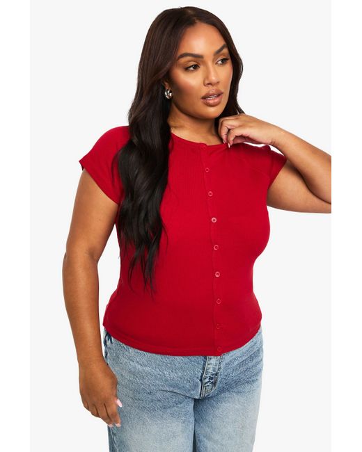 Boohoo Red Plus Button Down Cap Sleeve Top