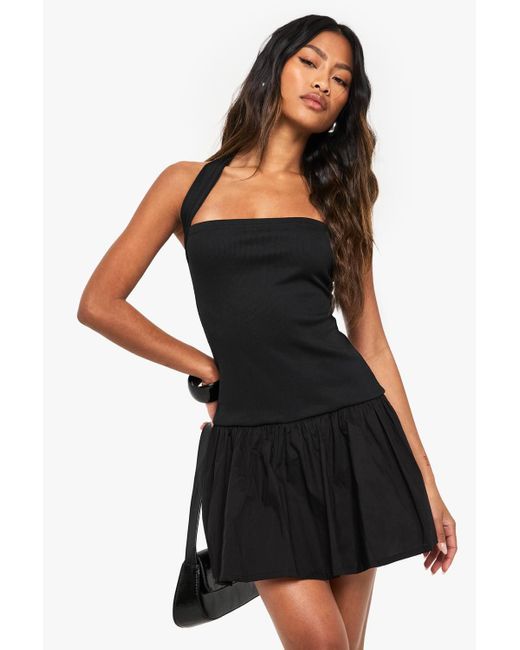 Boohoo Women's Black Jersey Rib Cotton Mix Halterneck Mini Dress