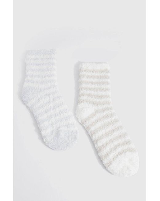 Boohoo White Two Pack Stripe Fluffy Socks