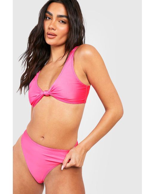 Boohoo Plunge Knot Front Bikini Set in Pink | Lyst