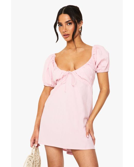 Boohoo Pink Petite Poplin Puff Sleeve Mini Dress