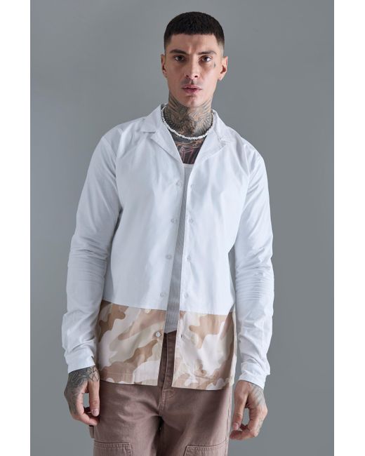 BoohooMAN Tall Longsleeve Drop Revere Poplin Camouflage Print Shirt in Gray für Herren