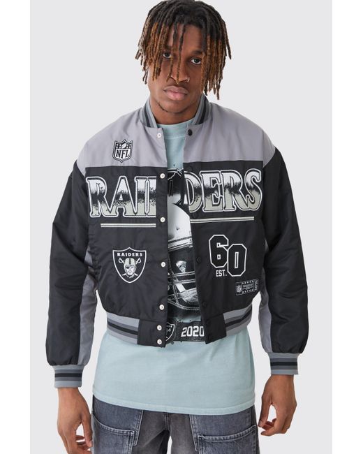 Boohoo Gray Nfl Boxy Raiders Varsity Nylon Embroidered Jacket