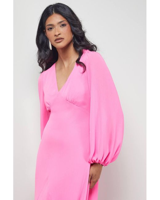 Warehouse Pink Tony Chiffon Plunge Neck Asymmetric Hem Midi Dress