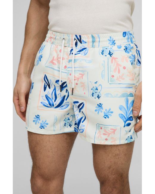 BoohooMAN Mittellange Badehose mit Print in Blue für Herren