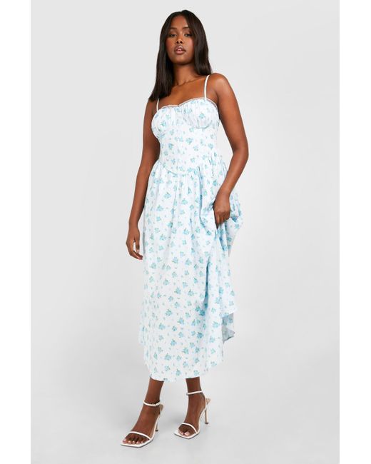 Boohoo Blue Ditsy Floral Strappy Milkmaid Midaxi Dress