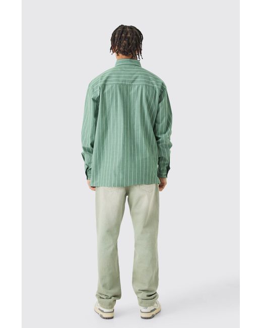 BoohooMAN Long Sleeve Oversized Embroidered Stripe Shirt in Green für Herren