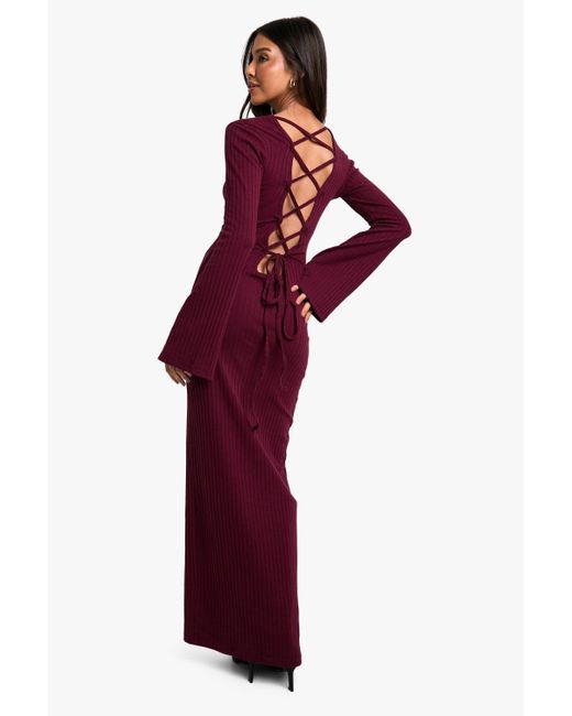 Boohoo Red Wide Rib Tie Back Flare Sleeve Maxi Dress