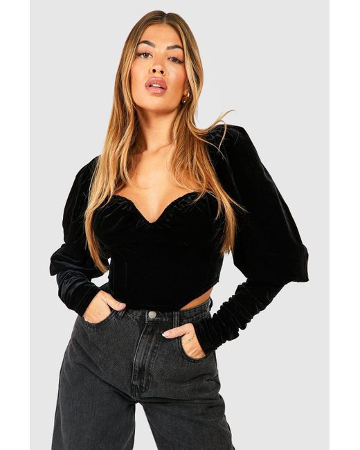 Boohoo Black Velvet Extreme Puff Sleeve Corset