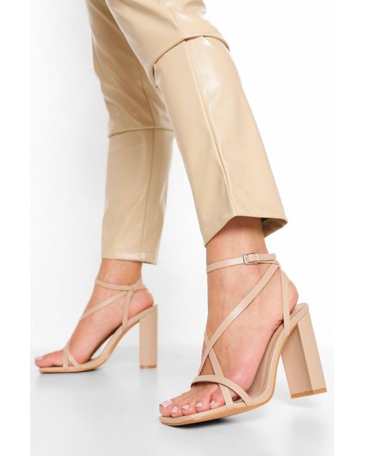 Boohoo Wide Fit Strappy Block Heel Sandal in Beige (Natural) | Lyst