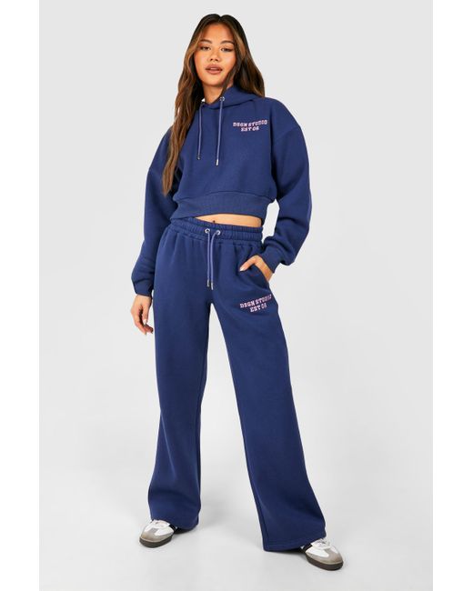 Boohoo Blue Dsgn Studio Embroidered Cropped Hooded Tracksuit