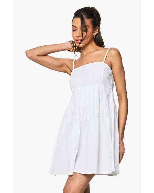 Boohoo White Cotton Poplin Pleated Volume Smock Mini Dress