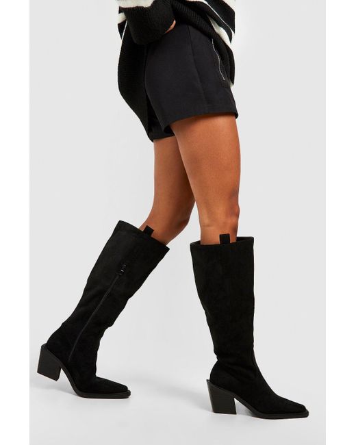 Boohoo Black Extended Rand Knee High Western Boots