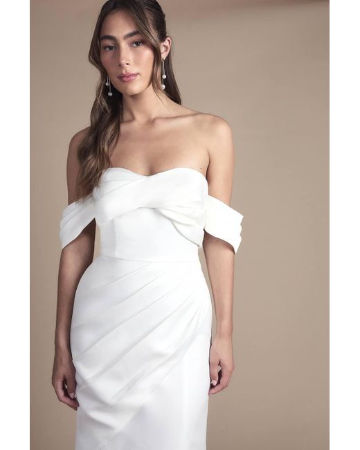 Coast Natural Bardot Twist Structured Satin Maxi Wedding Dress With Fishtail Train