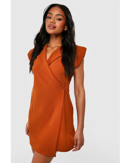 Boohoo Jersey Knit Crepe Sleeveless Wrap Front Blazer Dress in Orange | Lyst