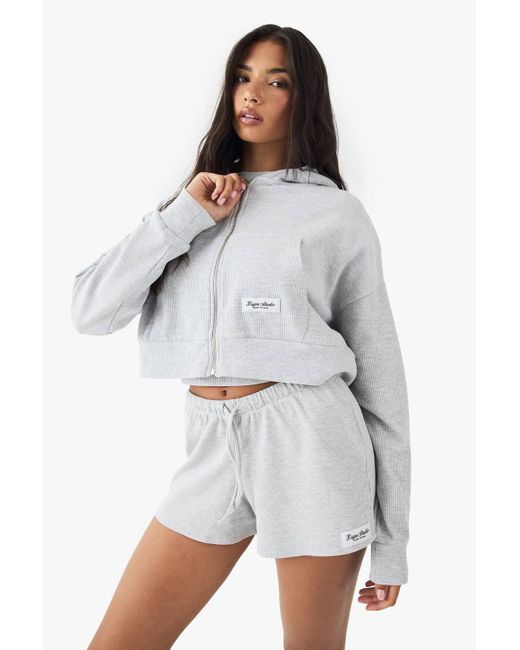 DSGN Studio White Waffle Zip Through Boxy Crop Hoodie