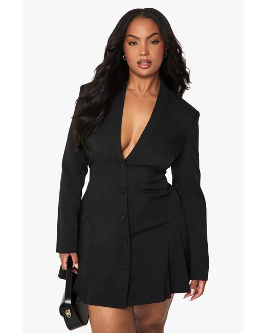 Boohoo Women's Black Plus Tailored Pleated Skater Blazer Dress