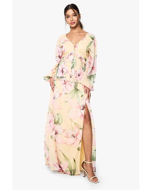 Boohoo Floral Chiffon Long Sleeve Pleated Waist Maxi Dress in Natural | Lyst