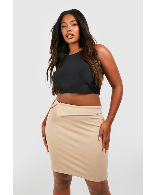 Boohoo Plus Crepe Fold Over Waist Mini Skirt in Natural | Lyst UK