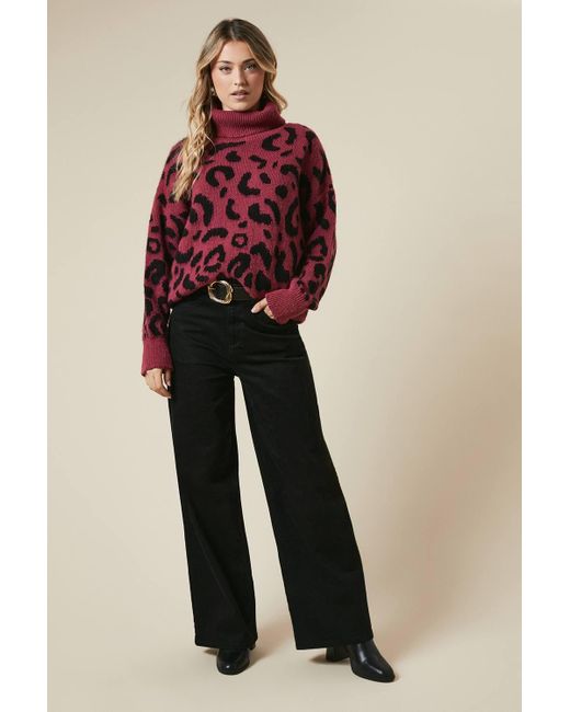 Dorothy Perkins Red Fluffy Leopard Roll Neck Sweater