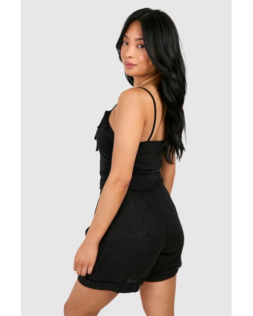 Boohoo Black Petite Bow Strap Detail Ruched Cami