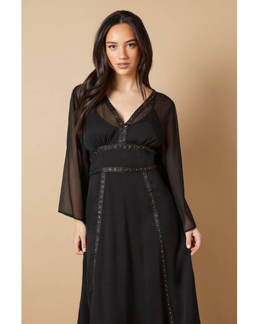 Oasis Black Floral Hand Embellished Trim V Neck Batwing Maxi Dress