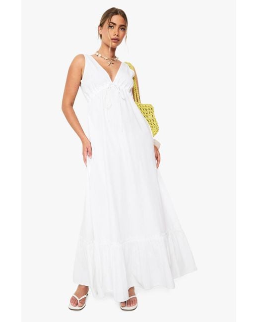 Boohoo Cotton Poplin Ruched Tiered Maxi Dress in White | Lyst Boohoo Cotton Poplin Ruched Tiered Maxi Dress in White | Lyst