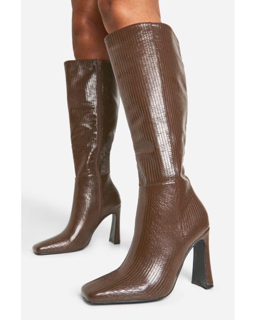 Boohoo Brown Square Toe Flared Heel Knee High Boots