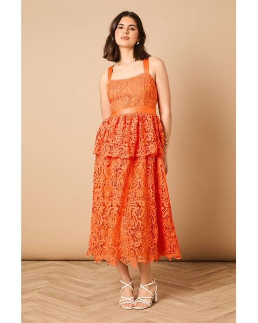 Oasis Orange Cross Strap Tiered Lace Midi Dress