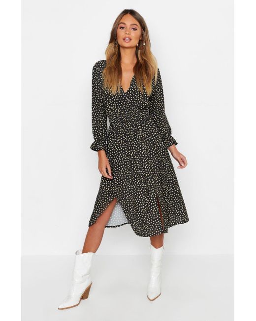red ditsy floral split midi dress