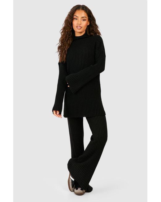 Boohoo Black Soft Rib Knit Sweater And Wide Leg Pants Two-piece