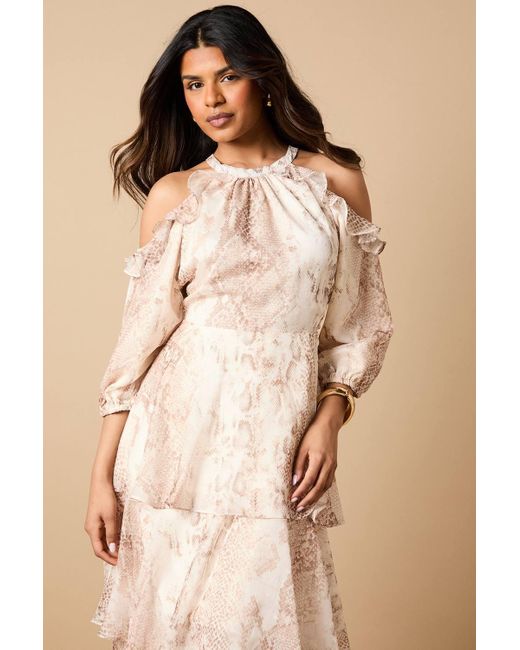 Oasis Natural Petite Cold Shoulder Metallic Maxi Ruffle Tier Dress