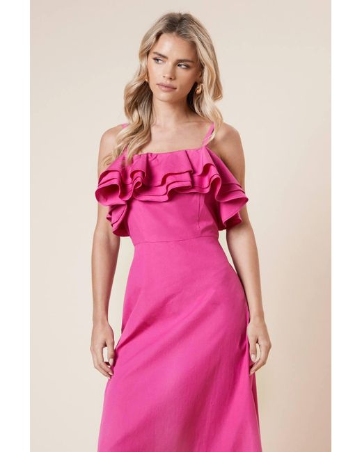 Dorothy Perkins Pink Petite Tiered Frill Neckline Poplin Maxi Dress