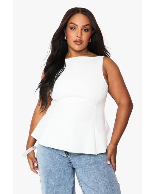 Boohoo White Plus Tie Back Scoop Peplum Top