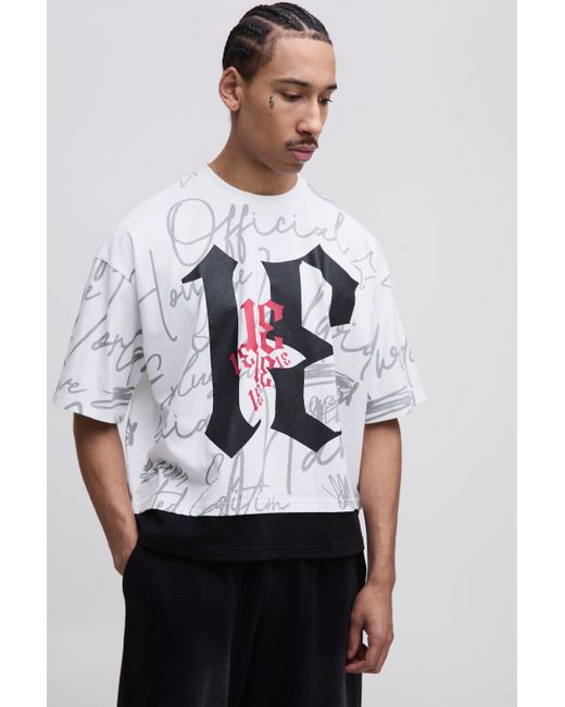Camiseta Oversize Recta Con Estampado Grunge Universitario Boohoo de color White