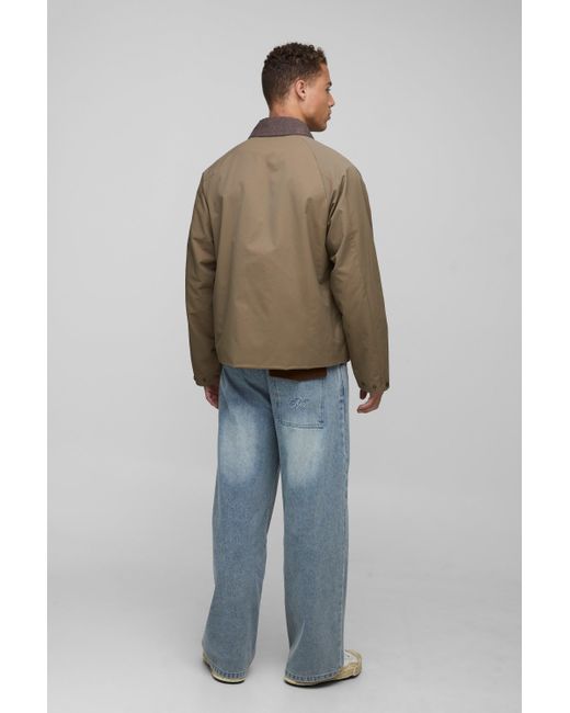 BoohooMAN Brown Tall Oversized Cord Collar Embroidered Worker Jacket for men