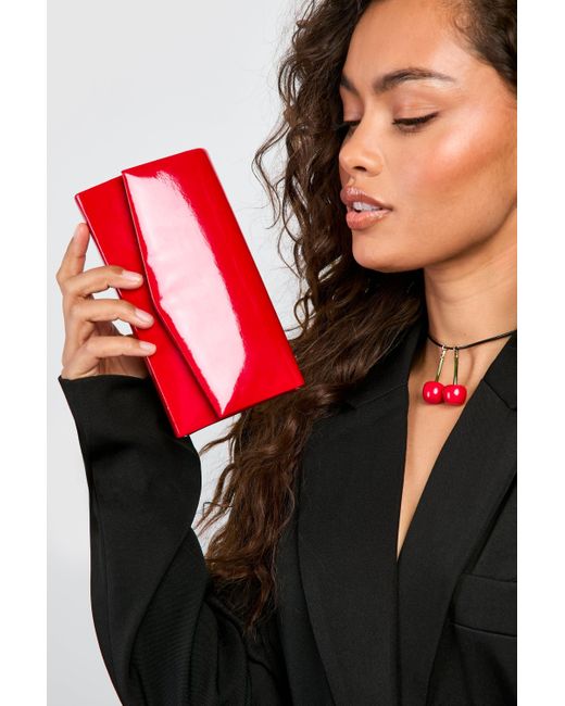 Boohoo Black Red Patent Structured Clutch Bag