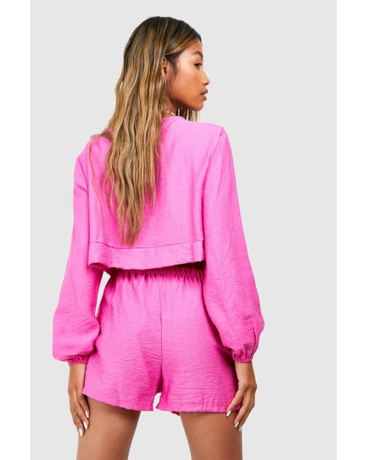 Boohoo Pink Textured Linen Look Volume Sleeve Blouse & Flippy Shorts