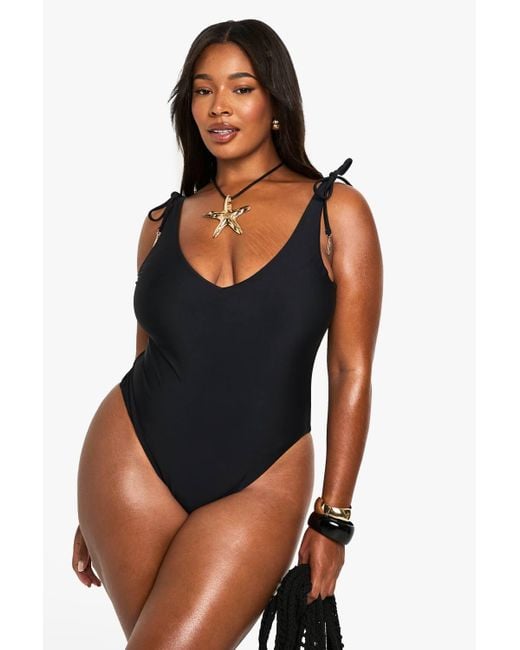 Boohoo Black Plus Feather Charm Backless Swimsuit