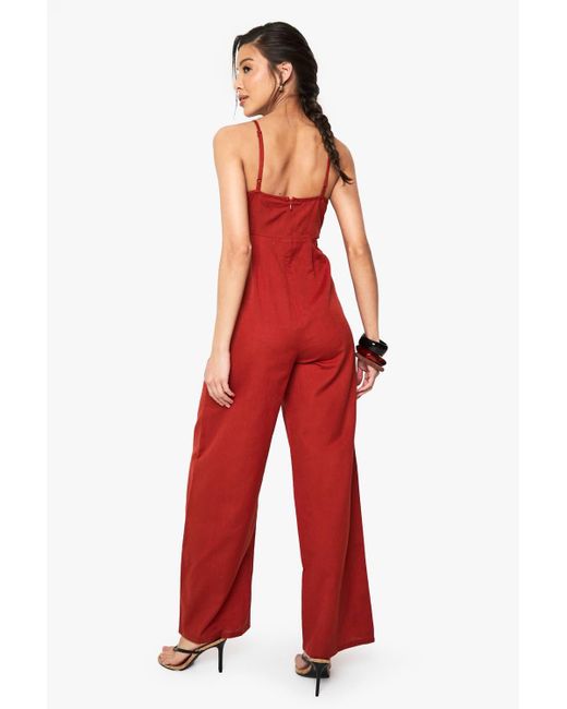 Boohoo Red Linen Look Strappy Cut Out Jumpsuit