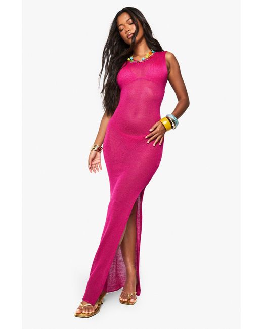 Vestido Maxi Para La Playa De Punto Transparente Con Escote Estilo Nadador Boohoo de color Pink
