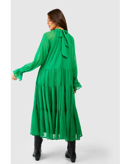 Boohoo Green Chiffon Tiered Midaxi Dress