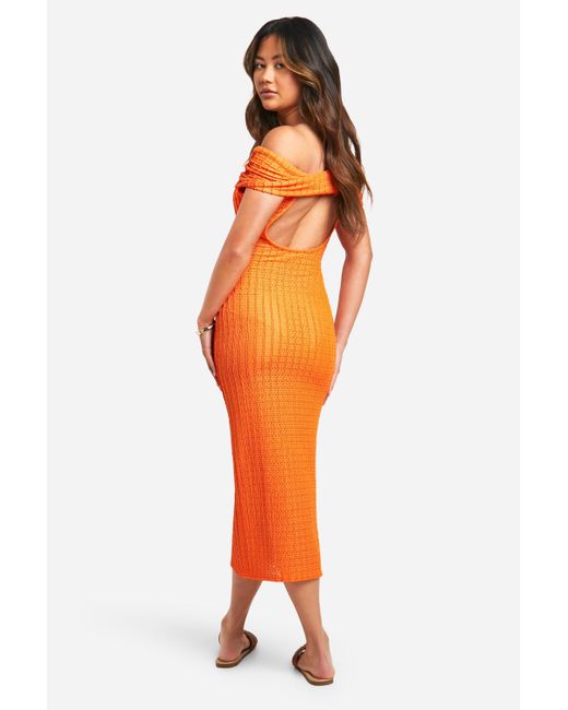 Boohoo Orange Textured Bardot Cut Out Back Midaxi Dress