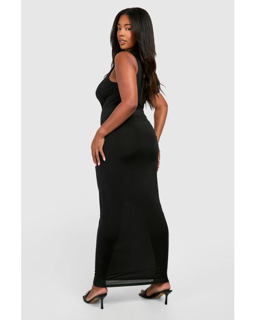 Boohoo Black Plus Twisted Ring Detail Off The Shoulder Asymmetric Maxi Dress