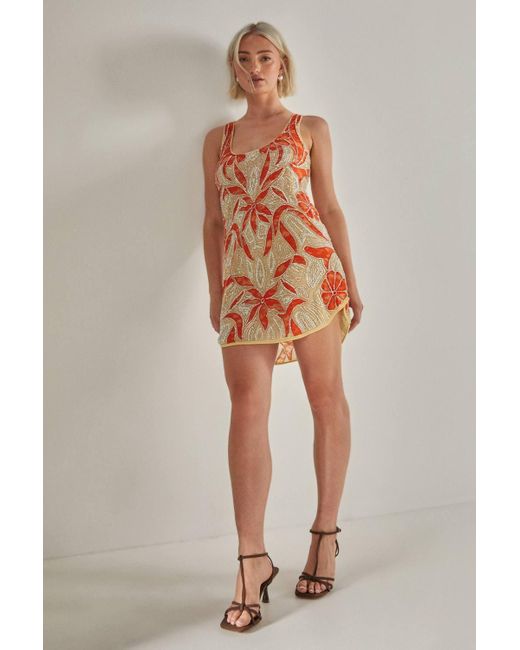 Nasty Gal Orange Vintage Lace Beaded Curved Hem Mini Dress