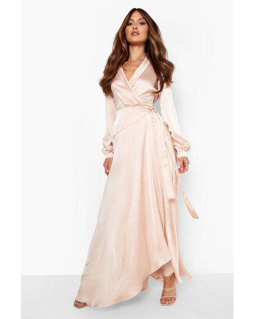 Boohoo Satin Wrap Belted Maxi Dress in Champagne (Natural) | Lyst UK